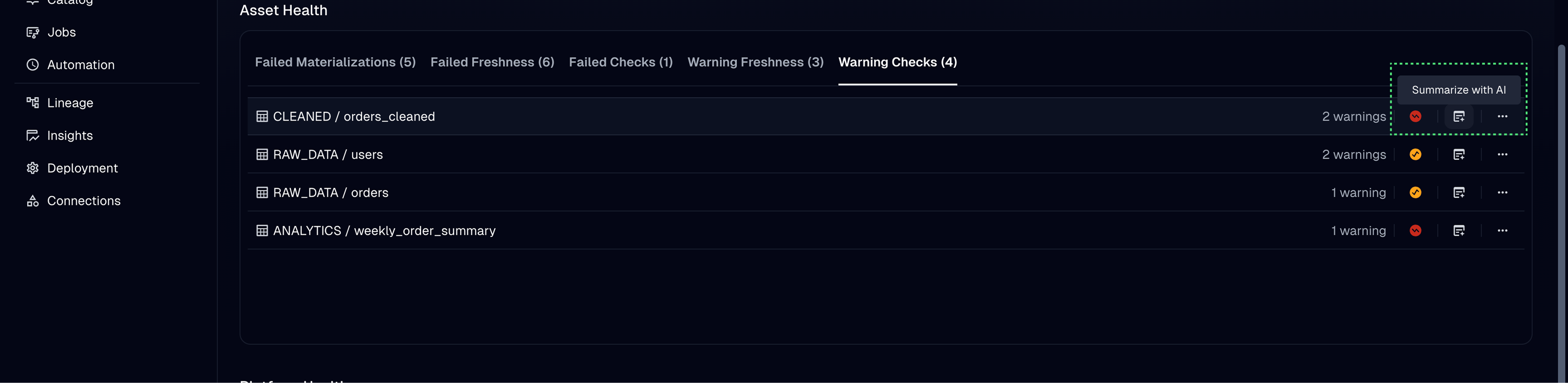 The Summarize with AI button in the Asset Health section of the Home page